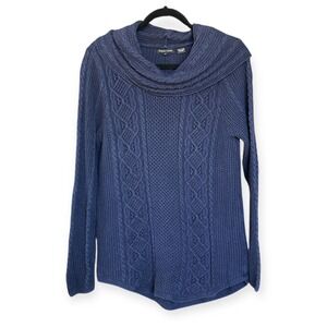 Jeanne Pierre Women's Navy Blue Cotton Cable Knit Cowl Neck Tunic Sweater Size M